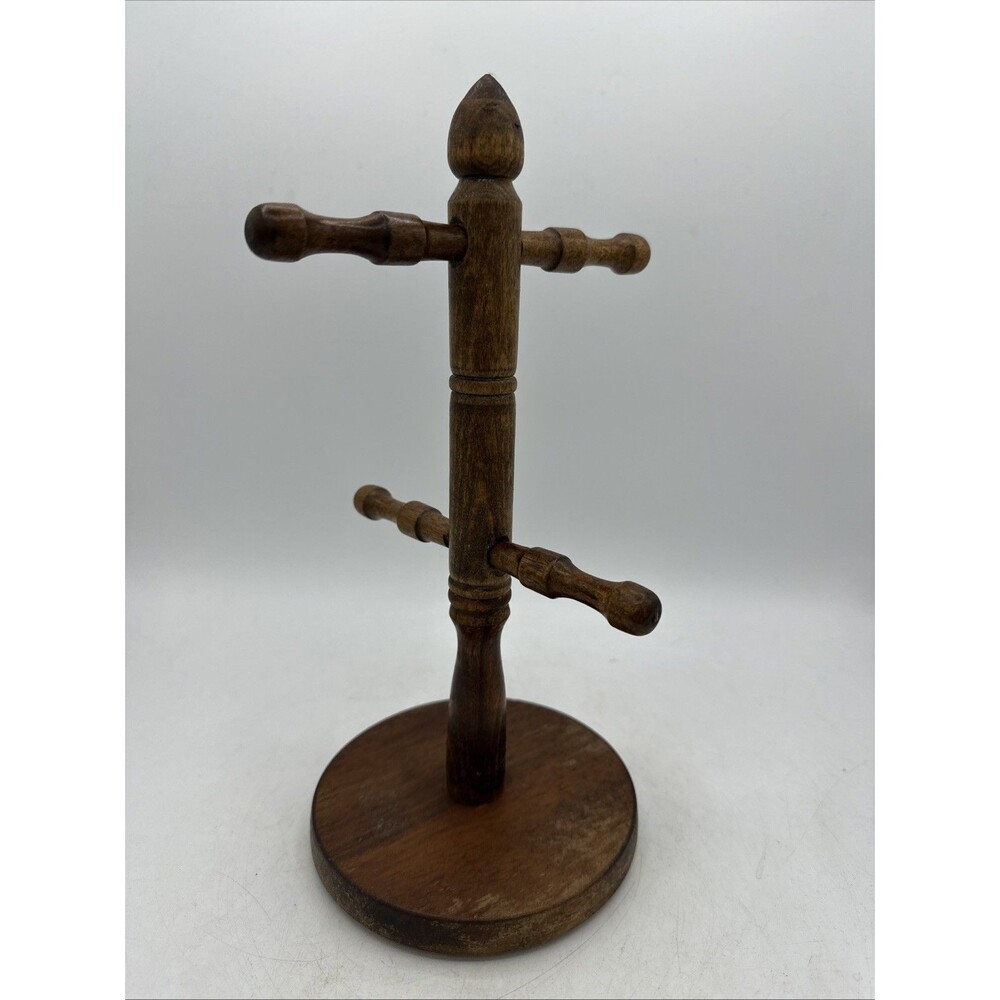 Vintage Wooden Mug Tree Holder Dark Wood 4 Pegs 11” - Picture 3 of 16